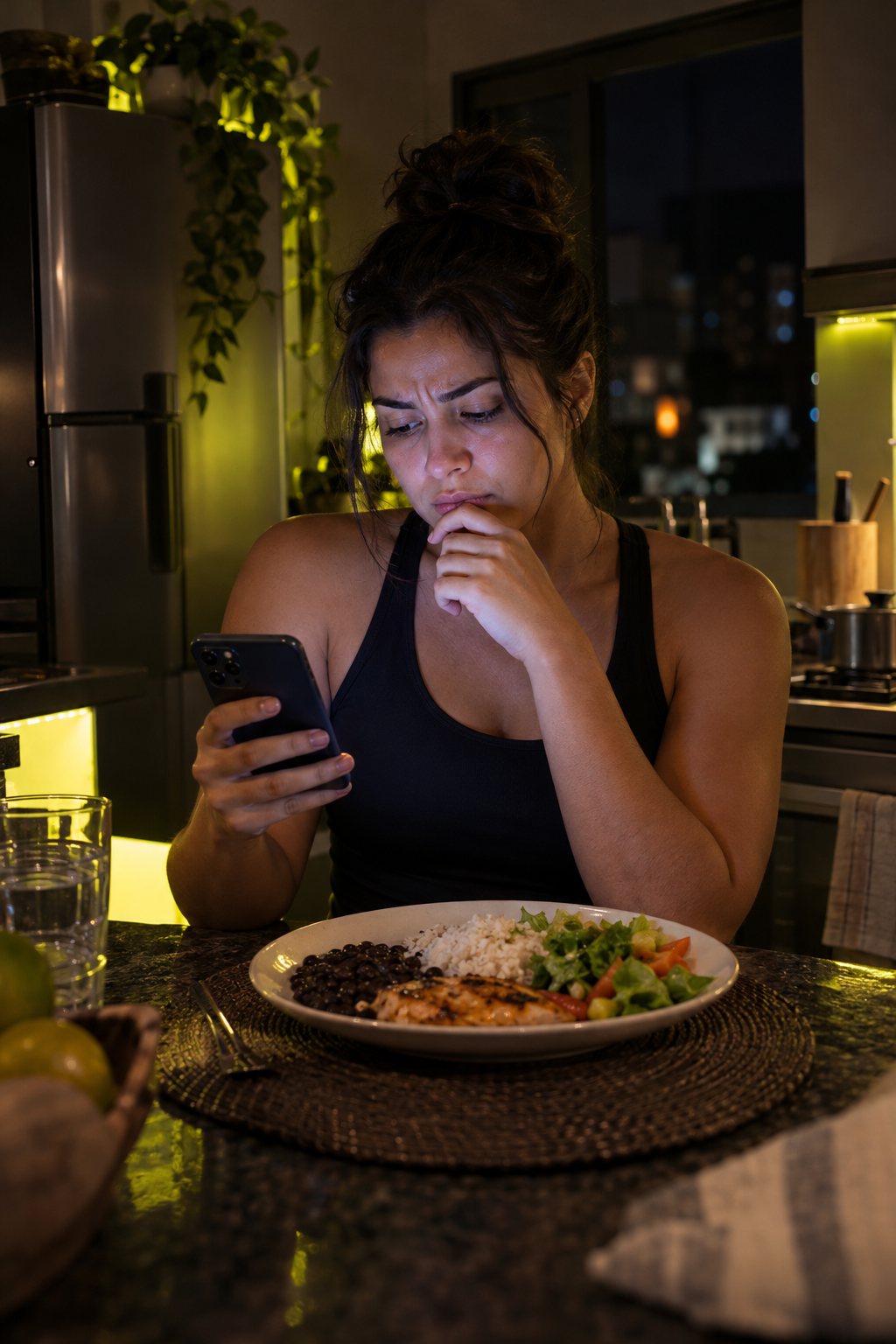 Aluna em casa, olhando o celular sem saber o que comer